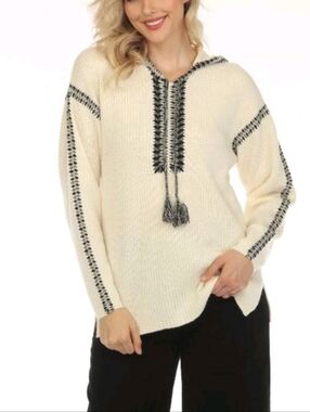 Johnny Was Cream Hooded Crewneck Sweater with Black Whipstitch